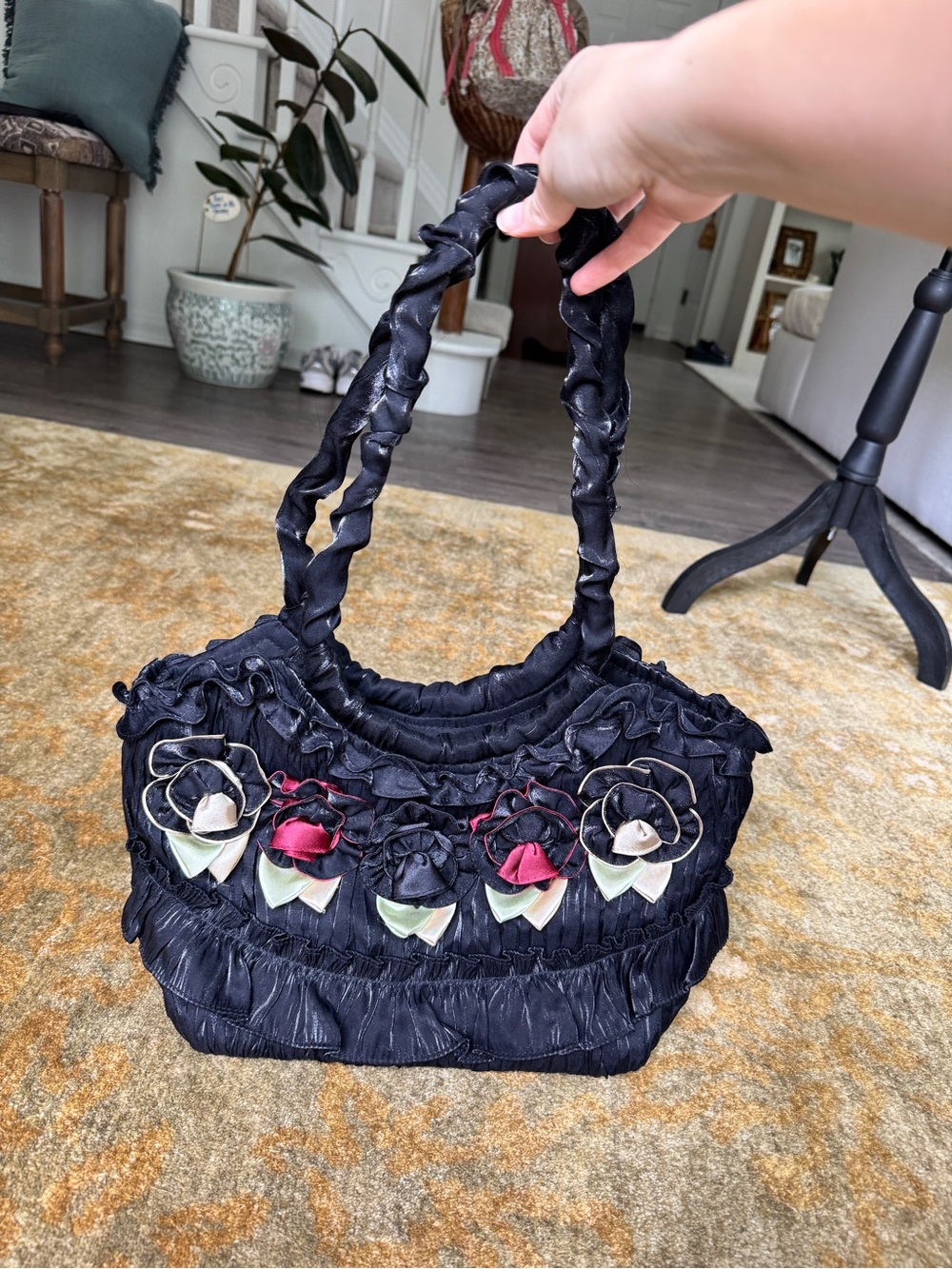 Euro vintage satin Y2K Black Floral Appliqué Shoulder Bag
